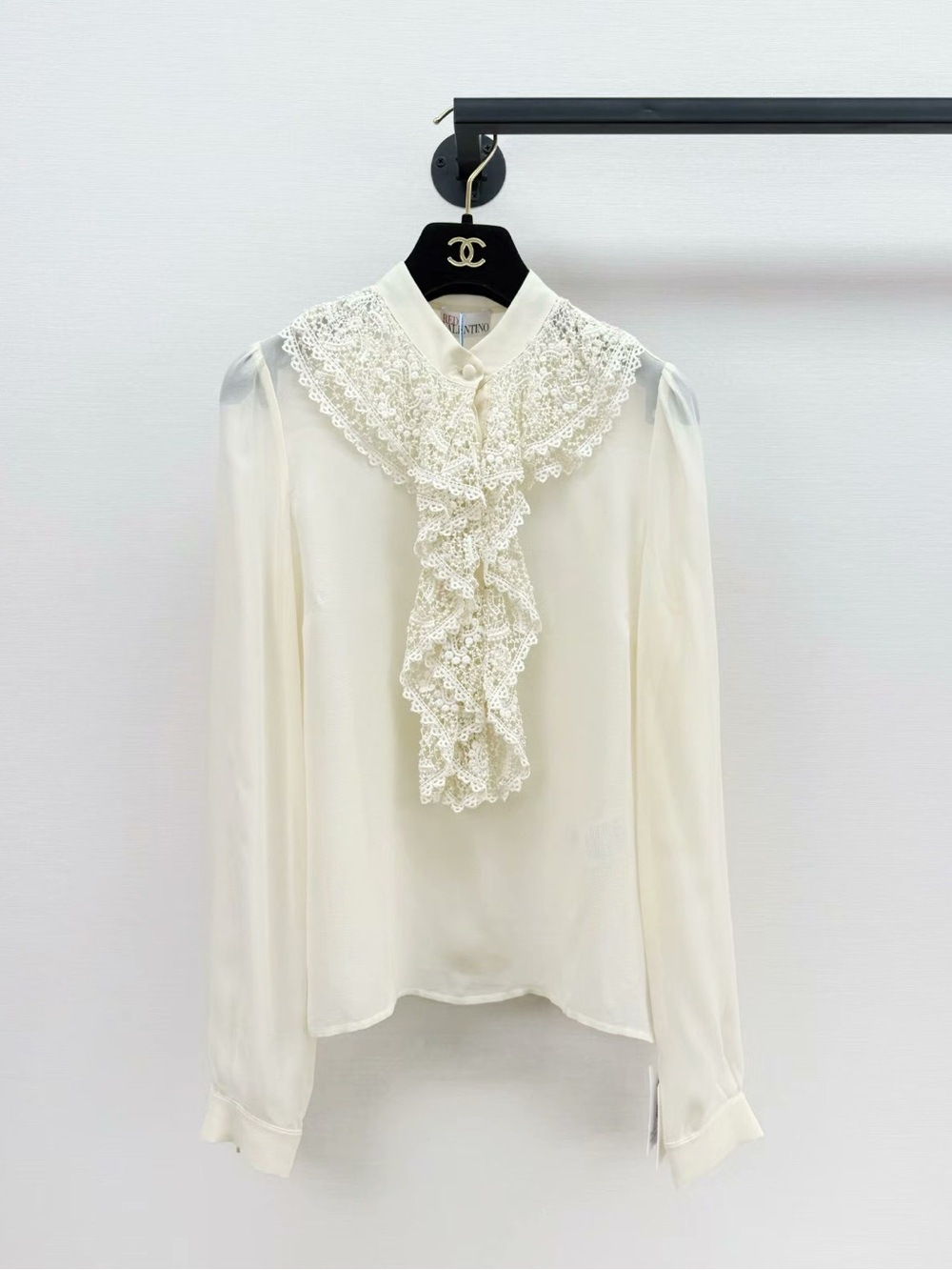 RED Valentino Cream Lace Ruffle-Front Blouse - Women Tops
